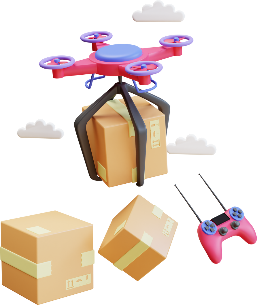 3d render drone courier with box package